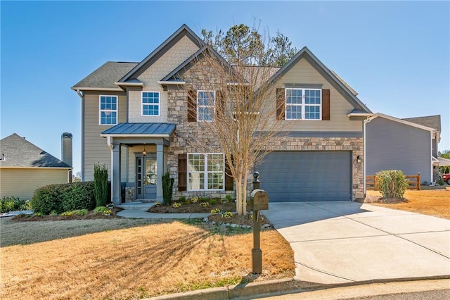 craftsman-style home featuring driveway, stone siding, an attached garage, and a front lawn