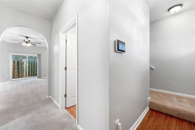 corridor featuring carpet flooring and a textured ceiling