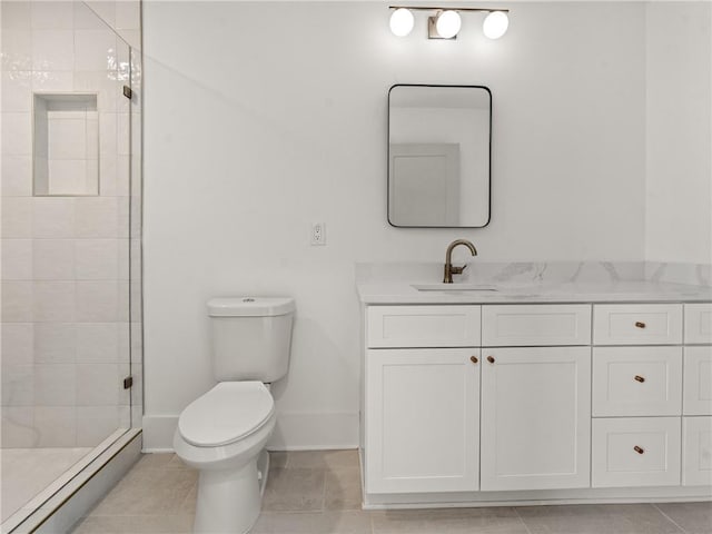 bathroom with toilet, a stall shower, tile patterned flooring, and vanity