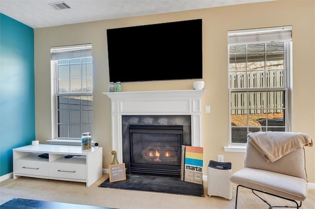 sitting room with a textured ceiling, a healthy amount of sunlight, and light colored carpet