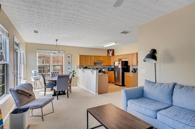 living room with light carpet and a textured ceiling