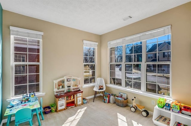 recreation room with a textured ceiling and carpet flooring