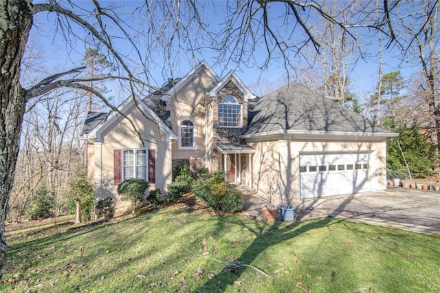 traditional-style home with a garage, driveway, stone siding, stucco siding, and a front lawn