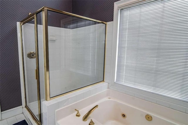 bathroom with a stall shower, tile patterned floors, a whirlpool tub, and wallpapered walls