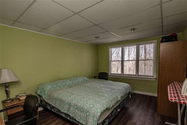 bedroom with dark hardwood / wood-style flooring and a drop ceiling