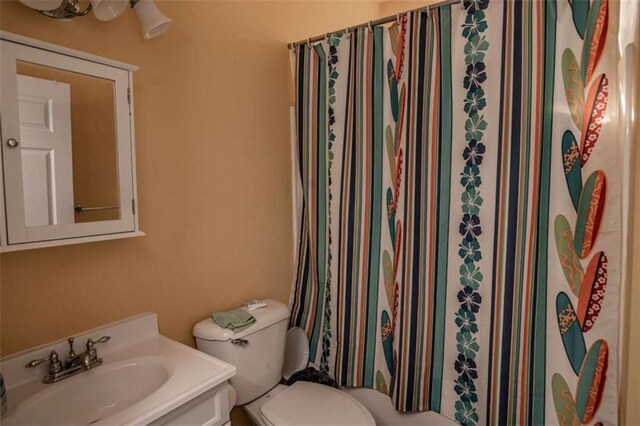 bathroom featuring vanity, toilet, and curtained shower