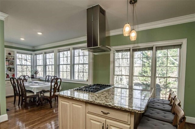 kitchen featuring island range hood, light stone counters, hanging light fixtures, and dark hardwood / wood-style flooring