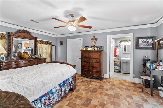 942 Hardwick Cir, Dalton, GA 30720 - bedroom with ceiling fan, ornamental molding, visible vents, and baseboards
