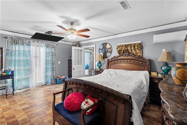 942 Hardwick Cir, Dalton, GA 30720 - bedroom featuring visible vents, ceiling fan, a textured ceiling, crown molding, and a wall mounted AC