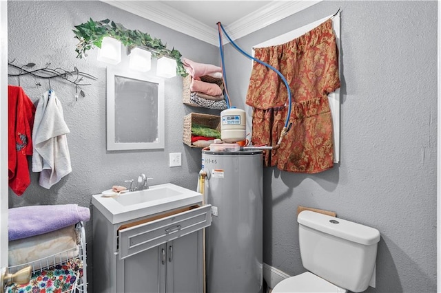 942 Hardwick Cir, Dalton, GA 30720 - bathroom with water heater, a textured wall, toilet, ornamental molding, and vanity