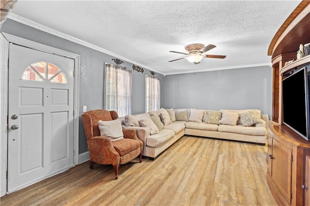 942 Hardwick Cir, Dalton, GA 30720 - living room with a ceiling fan, crown molding, a textured ceiling, and wood finished floors