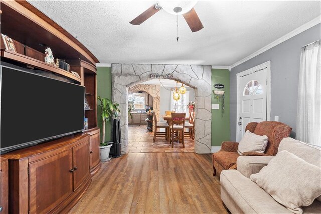942 Hardwick Cir, Dalton, GA 30720 - living room featuring arched walkways, crown molding, ceiling fan, a textured ceiling, and light wood-type flooring