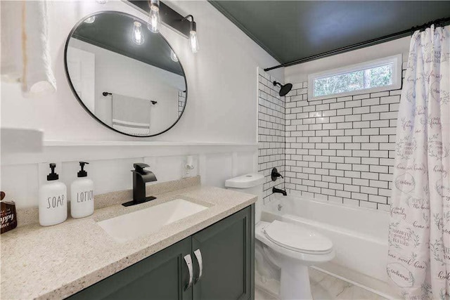 bathroom with vanity, toilet, and shower / tub combo