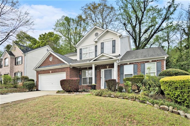 view of front of property featuring brick siding, a garage, driveway, and a front yard