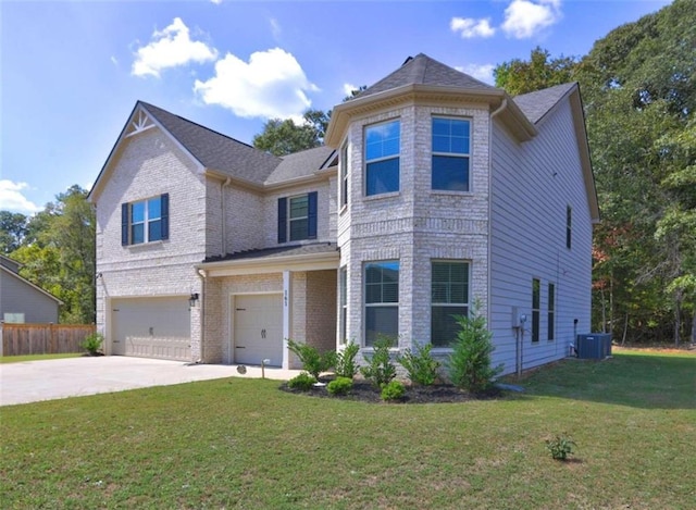 view of front facade featuring a garage, central AC unit, and a front lawn