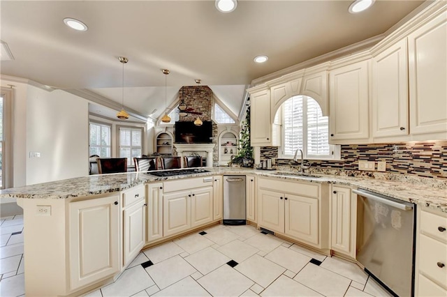 8455 Abingdon Ln, Duluth, GA 30097 - kitchen featuring dishwasher, a peninsula, healthy amount of natural light, a fireplace, and lofted ceiling