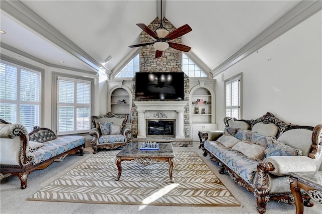8455 Abingdon Ln, Duluth, GA 30097 - carpeted living room featuring a ceiling fan and a large fireplace