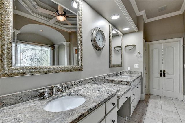 8455 Abingdon Ln, Duluth, GA 30097 - full bathroom with double vanity, crown molding, a ceiling fan, and tile patterned floors
