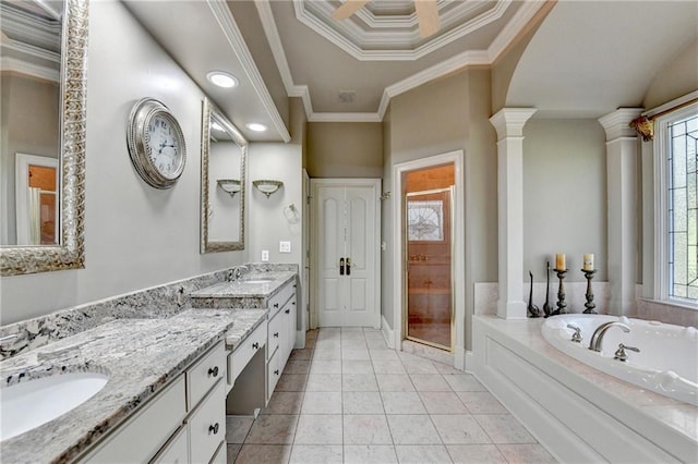 8455 Abingdon Ln, Duluth, GA 30097 - bathroom featuring a shower stall, double vanity, a bath, crown molding, and ornate columns