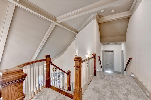 8455 Abingdon Ln, Duluth, GA 30097 - stairway with carpet floors, lofted ceiling, and crown molding
