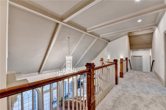 8455 Abingdon Ln, Duluth, GA 30097 - hall featuring an upstairs landing, carpet, and a chandelier