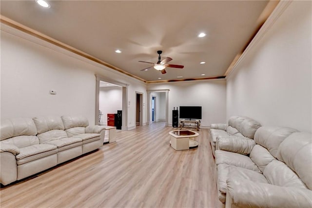 8455 Abingdon Ln, Duluth, GA 30097 - living area with recessed lighting, a ceiling fan, wood finished floors, and crown molding