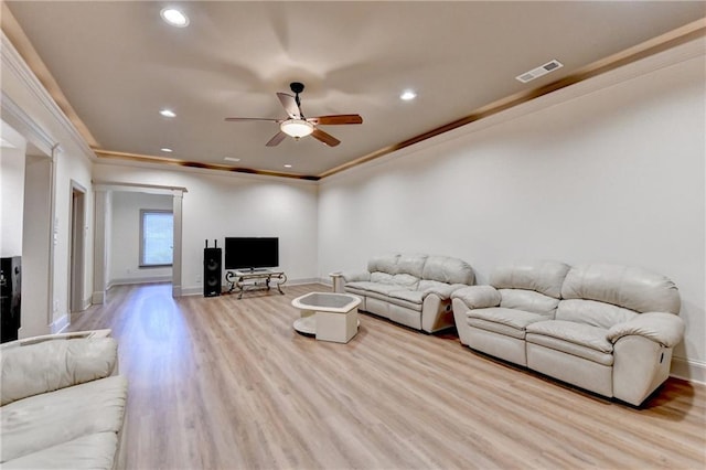 8455 Abingdon Ln, Duluth, GA 30097 - living room featuring wood finished floors, a ceiling fan, recessed lighting, and crown molding