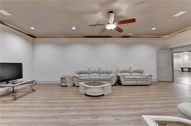 8455 Abingdon Ln, Duluth, GA 30097 - living area featuring crown molding, a ceiling fan, wood finished floors, and recessed lighting