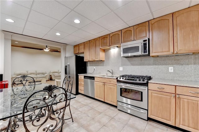 8455 Abingdon Ln, Duluth, GA 30097 - kitchen with appliances with stainless steel finishes, light brown cabinetry, a drop ceiling, and recessed lighting