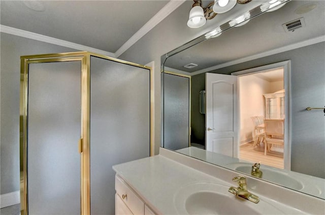8455 Abingdon Ln, Duluth, GA 30097 - full bath featuring vanity, a shower stall, and ornamental molding