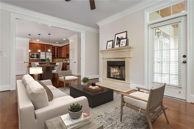 825 Highland Ln NE Unit 1116, Atlanta, GA 30306 - living area with wood finished floors, a ceiling fan, a glass covered fireplace, ornamental molding, and recessed lighting
