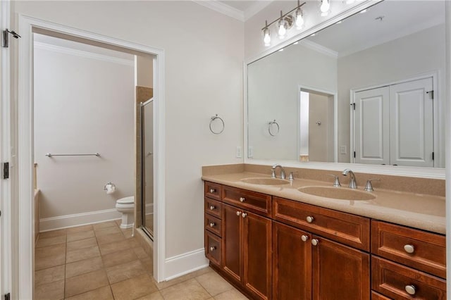 825 Highland Ln NE Unit 1116, Atlanta, GA 30306 - full bathroom with a stall shower, double vanity, ornamental molding, and tile patterned flooring