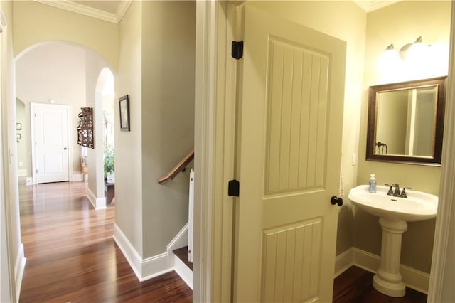 1520 Camden Cove Dr, Cumming, GA 30040 - bathroom featuring ornamental molding, wood finished floors, and baseboards