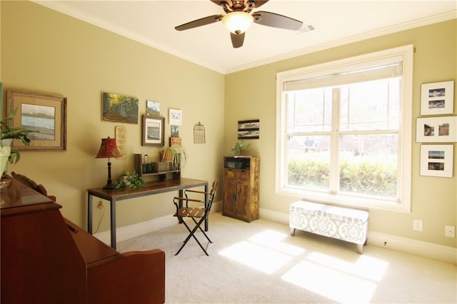 1520 Camden Cove Dr, Cumming, GA 30040 - living area featuring carpet floors, crown molding, ceiling fan, and baseboards