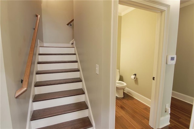 1520 Camden Cove Dr, Cumming, GA 30040 - stairs with wood finished floors, crown molding, and baseboards