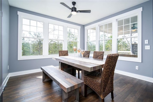 dining area with a ceiling fan, dark wood-type flooring, and baseboards