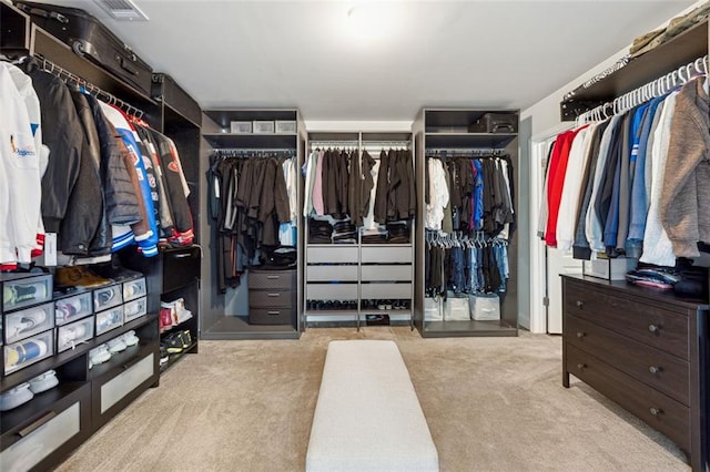 walk in closet with light colored carpet