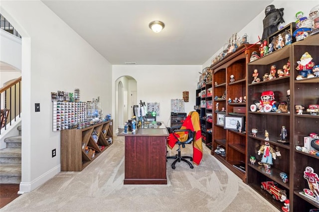 home office with light carpet