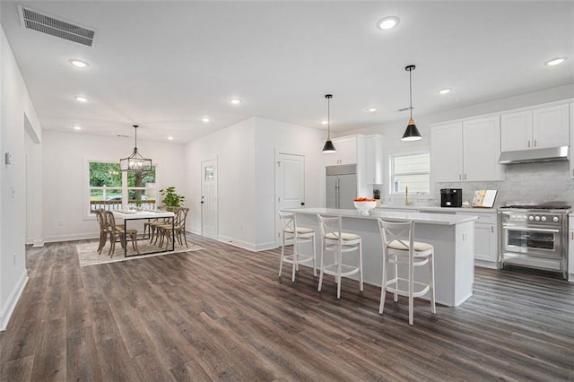 kitchen featuring under cabinet range hood, baseboards, visible vents, and high quality appliances