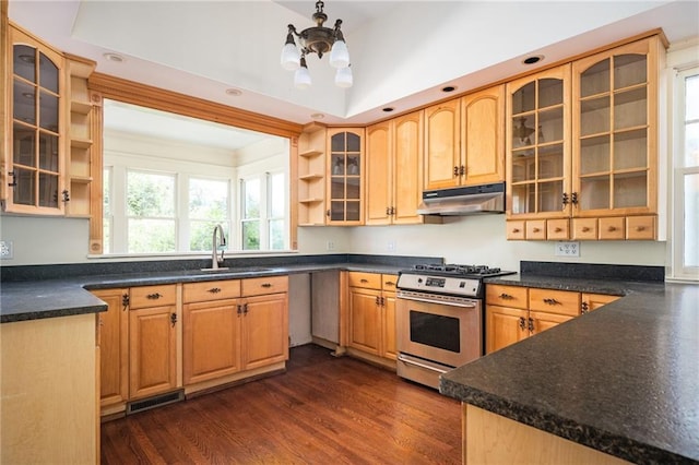 kitchen featuring sink, dark wood-type flooring, a notable chandelier, gas stove, and kitchen peninsula