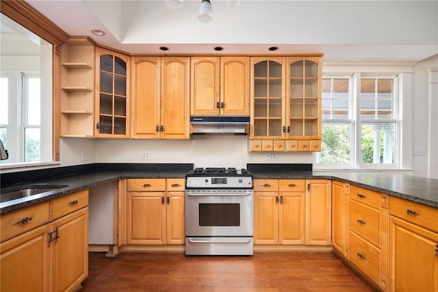 kitchen with sink, dark wood-type flooring, stainless steel gas stove, dark stone countertops, and light brown cabinets