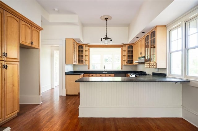 kitchen featuring dark wood-type flooring, range, kitchen peninsula, and hanging light fixtures