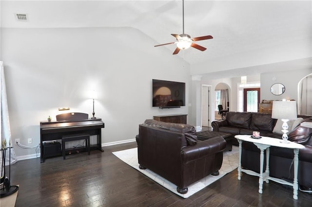 1610 Trellis Xing, Alpharetta, GA 30004 - living area with arched walkways, a ceiling fan, wood finished floors, and high vaulted ceiling