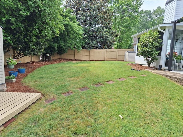 view of yard featuring a fenced backyard and a deck