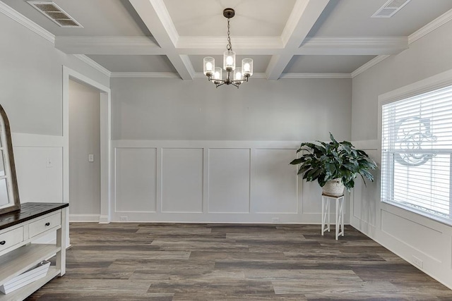 dining room featuring coffered ceiling, a notable chandelier, dark wood-type flooring, and beamed ceiling