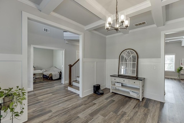 interior space featuring beamed ceiling, wood-type flooring, and coffered ceiling