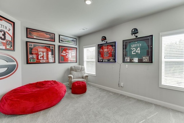 living area featuring a healthy amount of sunlight and carpet flooring