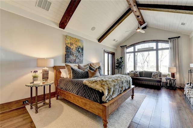 bedroom featuring visible vents, lofted ceiling with beams, hardwood / wood-style floors, baseboards, and ceiling fan