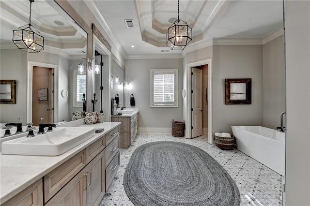 bathroom with a raised ceiling, ornamental molding, visible vents, and a sink