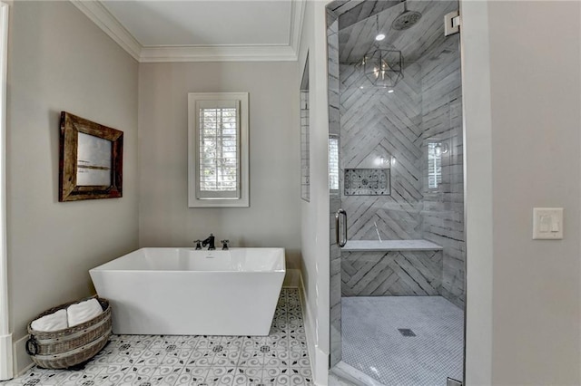 full bathroom with crown molding, a soaking tub, and a stall shower